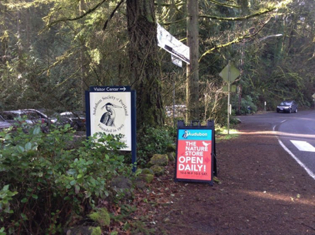 Signage at the entry to the main parking lot